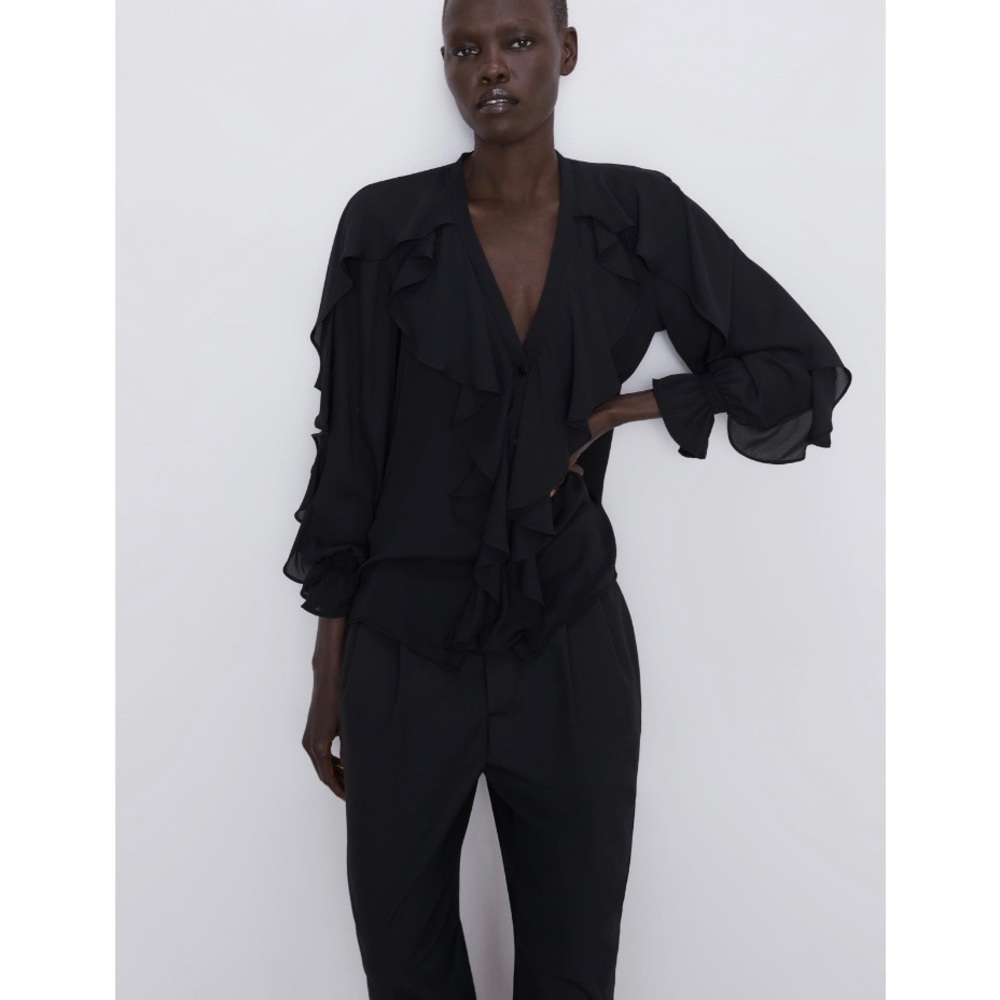 Zara black frill blouse